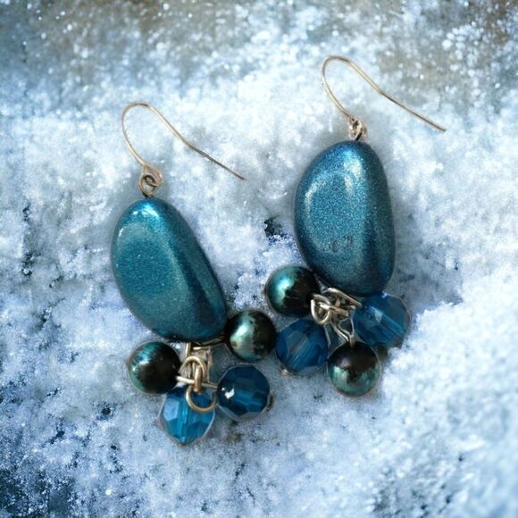 Teardrop Beaded Earrings Dangle Silver Metallic Blue Tone Boho Gypsy Beachy Con - Picture 1 of 15